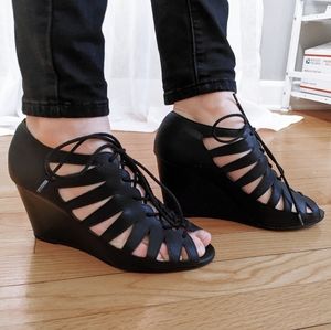 Black wedge heel sandals with laces size 9
